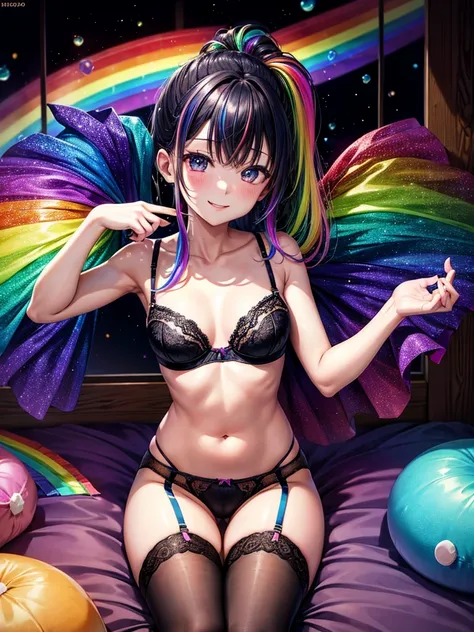 Highest quality,Highest Resolution,４K quality,寝室で大きな窓の外の都市の夜景を眺めるRainbow((Rainbow colors))Underwear姿のsmileの女性の横顔,Jet black ponytail,Dark room,Sexy Lingerie,Many water drops on the window,garter belt,High leg,Rainbow((Rainbow colors))Underwear,Knee-high sto...