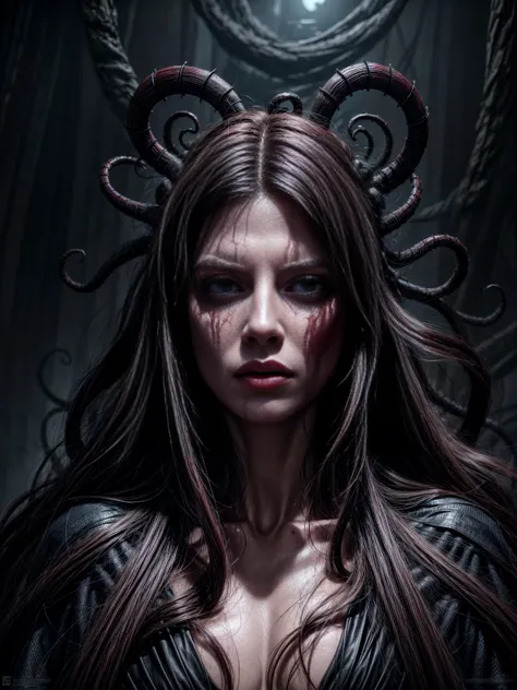 A horrific Medusa with a mad, mist-filled gaze, shrouded in dark deception, depicted in the cinematic style of Greg Rutkowski, trending on ArtStation, with a color palette of red and black, highly detailed and fantastical.