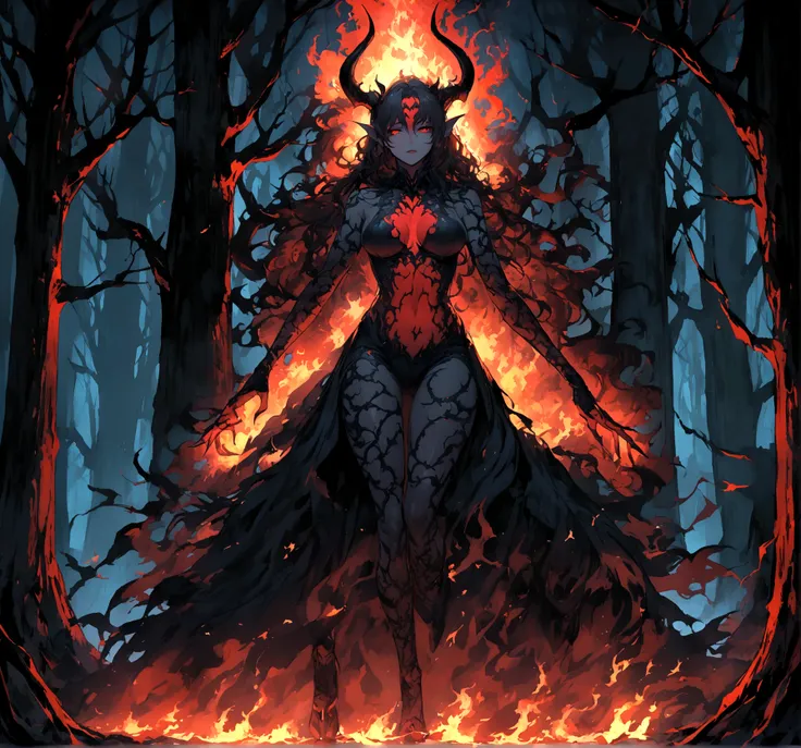 demon being conjured within the flames in the middle of a night forest