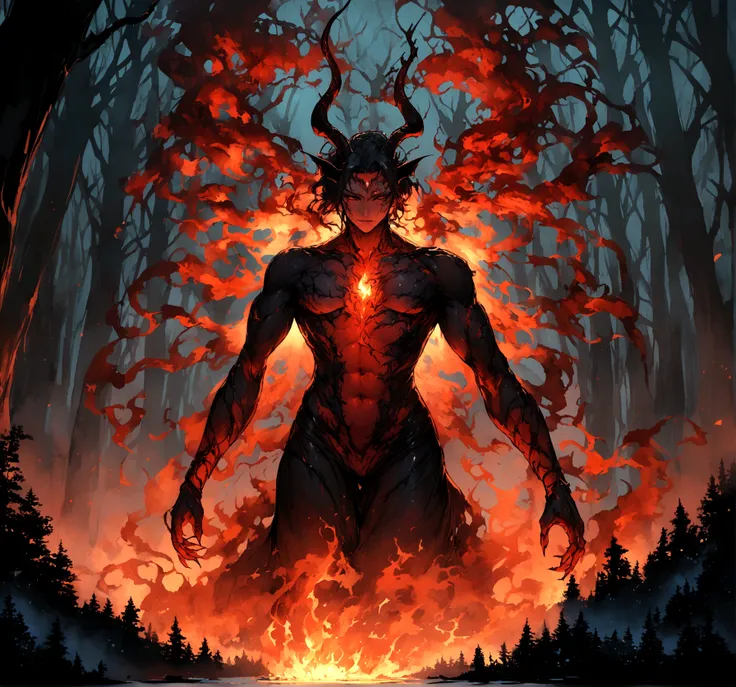 demon being conjured within the flames in the middle of a night forest