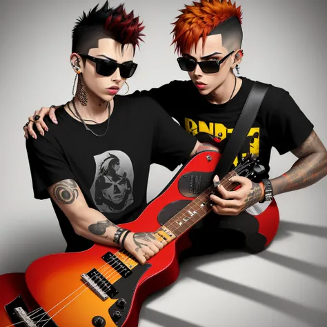 one boy, bright skin, red and yellow fiery mohawk, lip piercing, black studded sunglasses, Black T-shirt, hand tattoos, black and white guitar