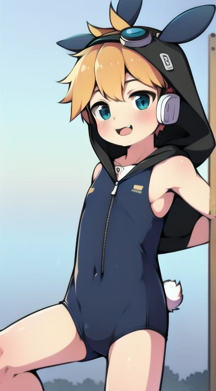 2D Shonen Shota，one-piece swimsuit，Slim, healthy body，Put the headphones on your head，stand up，goggles，Rabbit ears，Happy，Sailor collar，tie，zipper，hood，