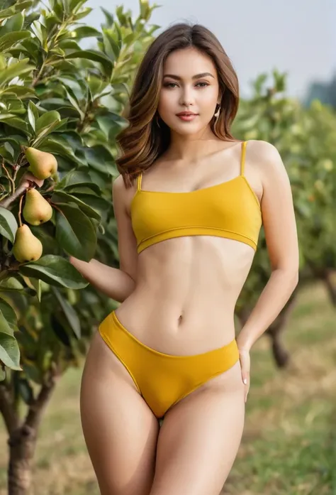 A small young woman woman with a pear-shaped body. She has a lean and slender upper body with narrow shoulders and a small bust. Her waist is narrow, accentuating her wider hips and full, rounded thighs. Her legs are shapely and curvy, 