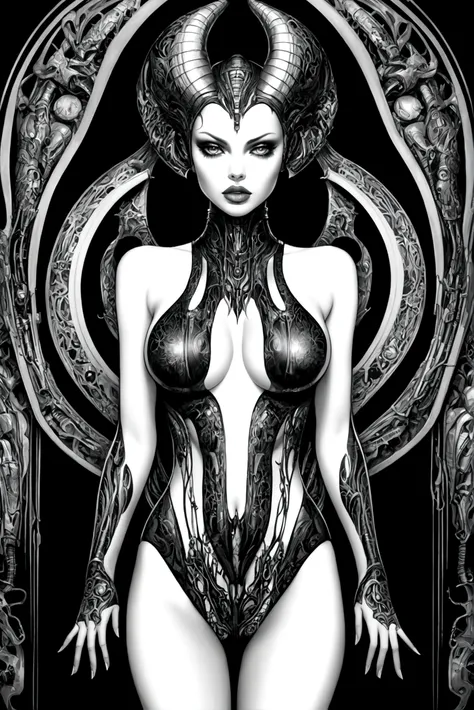 Create an image of Stunningly gorgeous beautiful perfect hr giger tattooed sexy seductive demonic girl, Stunningly gorgeous perfect flawless sexy face, hyper detailed neon ruby, large firm breasts, full body view, nude, no color black and white only