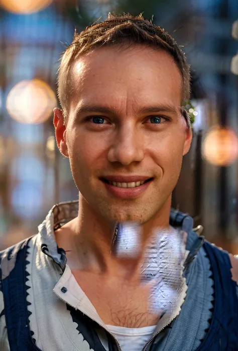 portrait photo of a handsome male full body photo, perfect eyes, wearing a shabby mecha coat, ((light bokeh)), intricate, (steel...