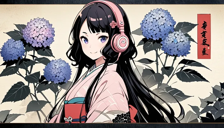 Highest quality, Katsushika Hokusai, Ink Painting, (((very straight longhair))), (((hydrangea))), (((Pale pink kimono))), (((smile))), Japanese style headphones, beautiful girl, Black Hair, Delicate and precise, Modern ukiyo-e style