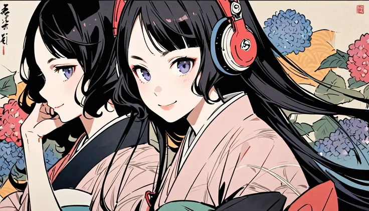 Highest quality, Katsushika Hokusai, Ink Painting, (((very straight longhair))), (((hydrangea))), (((Pale pink kimono))), (((smile))), Japanese style headphones, beautiful girl, Black Hair, Delicate and precise, Modern ukiyo-e style