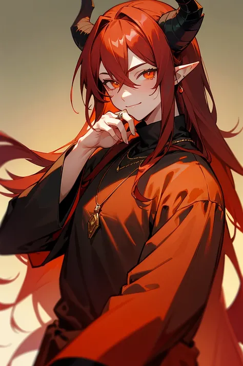 masterpiece, ssambatea, 1boy, solo,long hair, looking at viewer, smile, simple background, hair between eyes, jewelry, closed mouth, upper body, flower, red hair, horns, pointy ears, hand up, necklace, orange eyes, gradient, gradient background, dark red c...