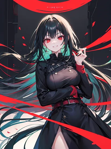 woman, red eyes, long curry wauy half black and green hair. wear black jacket winter, arrogant, independent woman. background in town. she is vampire. kind smile. IDOL.