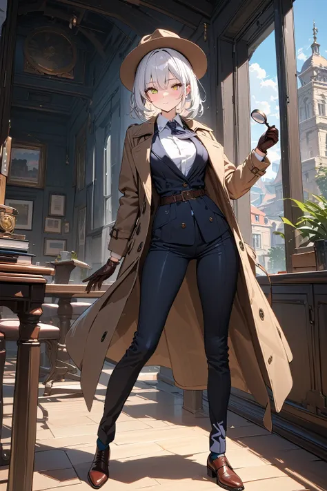 (masterpiece, best quality:1.5), (ultra detailed, high resolution, 8k, beautiful detailed, UHD, best anatomy), white hair, flat breasts, 1 sleuth, Trench coat, Fedora hat, business suit, Leather gloves, Leather shoes, Magnifying glass