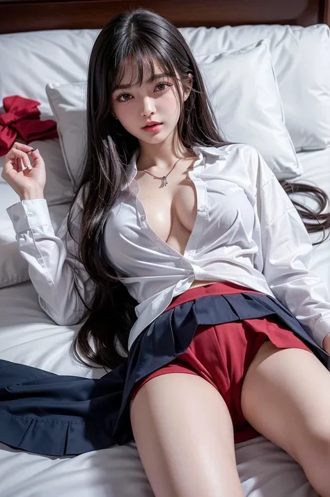 (spreading her legs for the camera:1.5)、(lying on your back on the bed:1.8)、（the skirt is turned up）、（I can see my pants:1.8）、((No makeup:1.2))、(open shirt:1.8)、（disheveled clothing）、(realistic、Photoreal、super detailed、best detailed skins、highest quality、m...