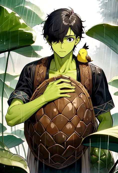 male kappa, black hair covering one eye, big round black eyes, yellow beak, green skin, brown turtle shell on back, holds lotus leaf to shield from rain, thin body