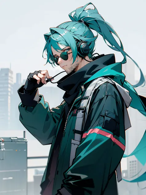 1male, adult, grey eyes, sunglasses, teal hair, messy hair, pony tail, long hair, scarf, headphones, techwear, snow, serious, stubble, lean build