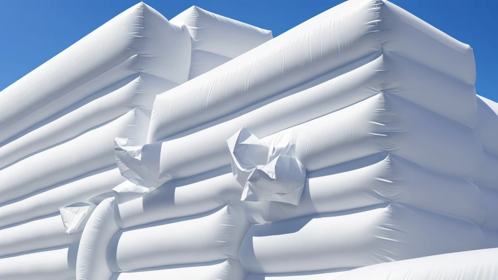 A wall composed of inflatable blocks，Realistic of a inflatable installation in the shape, white inflatable plastic film material, wrapped in a white polyester sheet. close-up，Front view，minimalist, most best quality,32K Ultra HD, super detail, best quality...