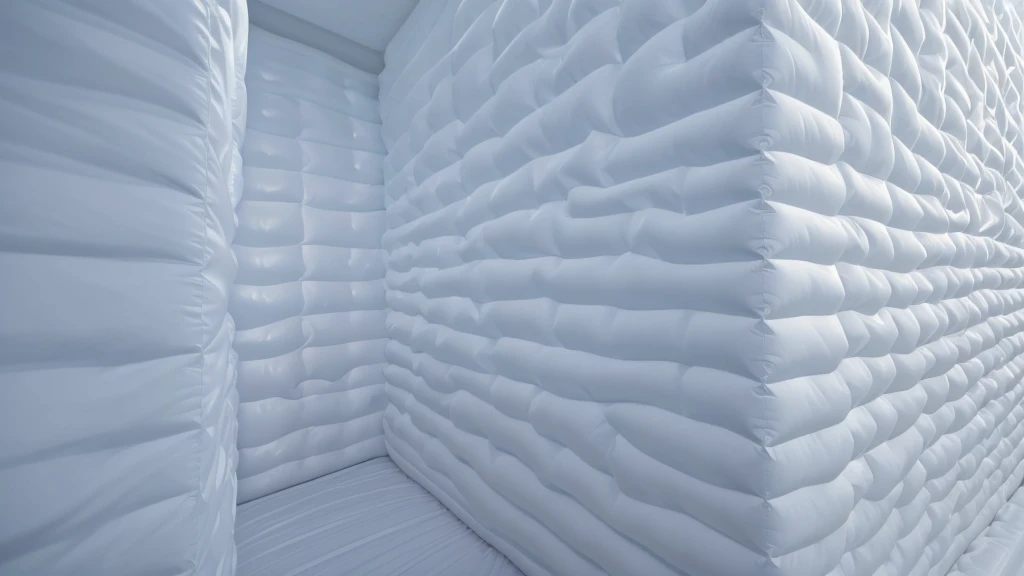 A wall composed of inflatable blocks，Realistic of a inflatable installation in the shape, white inflatable plastic film material, wrapped in a white polyester sheet. close-up，Front view，minimalist, most best quality,32K Ultra HD, super detail, best quality...