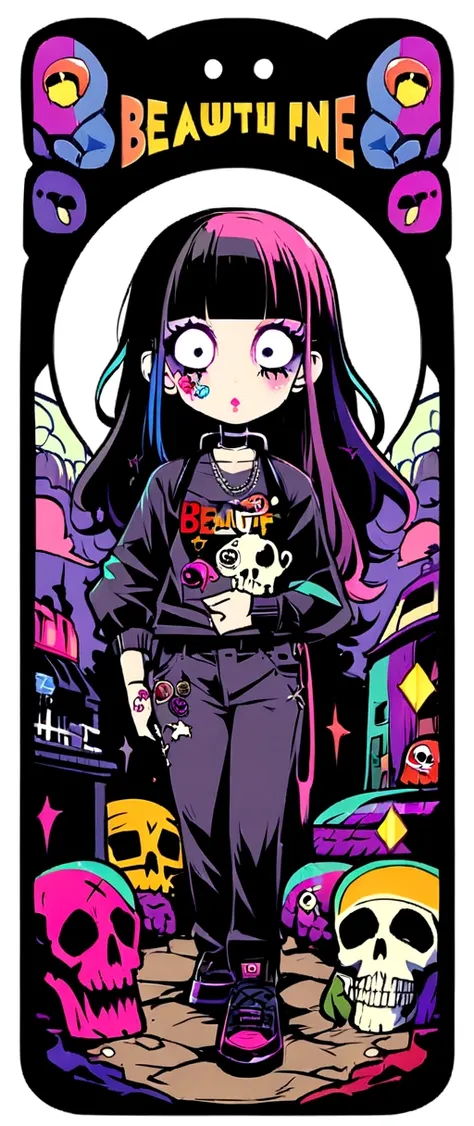 Full Body、whole body、ridicule、Finger prick、Black Hair、Black Feather、Gothic Punk,anime zombie witch design, crossbones, skulls, street wear design, pro vector, Horror style, full design, 6 colors only, solid colors, no shadows, full design, sticker, bright ...