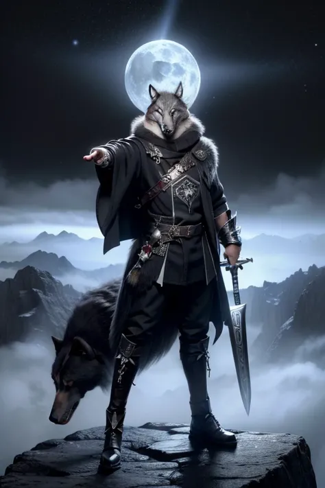 A wolf king with swords and hammer in hand, ((standing on mountain top)),((pointing towards dark black sky)), ((scratchs on face )) 