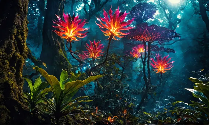 (best quality,4k,highres,masterpiece:1.2),ultra-detailed,realistic,,alien,fire magic plant,unbelievable eyes,fantasy creature,glowing colors,luminous plant,extraterrestrial,flame-like leaves,surreal landscape,eerie atmosphere,otherworldly beauty,ethereal g...