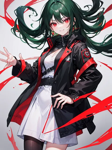 woman, red eyes, long curry wauy half black and green hair. wear black jacket winter, arrogant, independent woman. background in town. kind smile. IDOL.