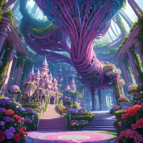 (masterpiece,Highest quality:8K) 正面にGiant Flowerが飾られた家のクローズアップ, Candyland style house, Inside her surreal VR castle, Vaporwave Mansion, Very surreal garden, Beeple and James Jean, Snapchat Photos, Perfectly designed and optimized, Psychedelic architecture,...