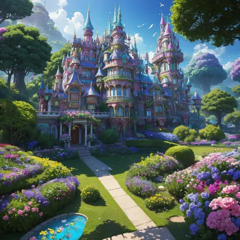 (masterpiece,Highest quality:8K) 正面にGiant Flowerが飾られた家のクローズアップ, Candyland style house, Inside her surreal VR castle, Vaporwave Mansion, Very surreal garden, Beeple and James Jean, Snapchat Photos, Perfectly designed and optimized, Psychedelic architecture,...