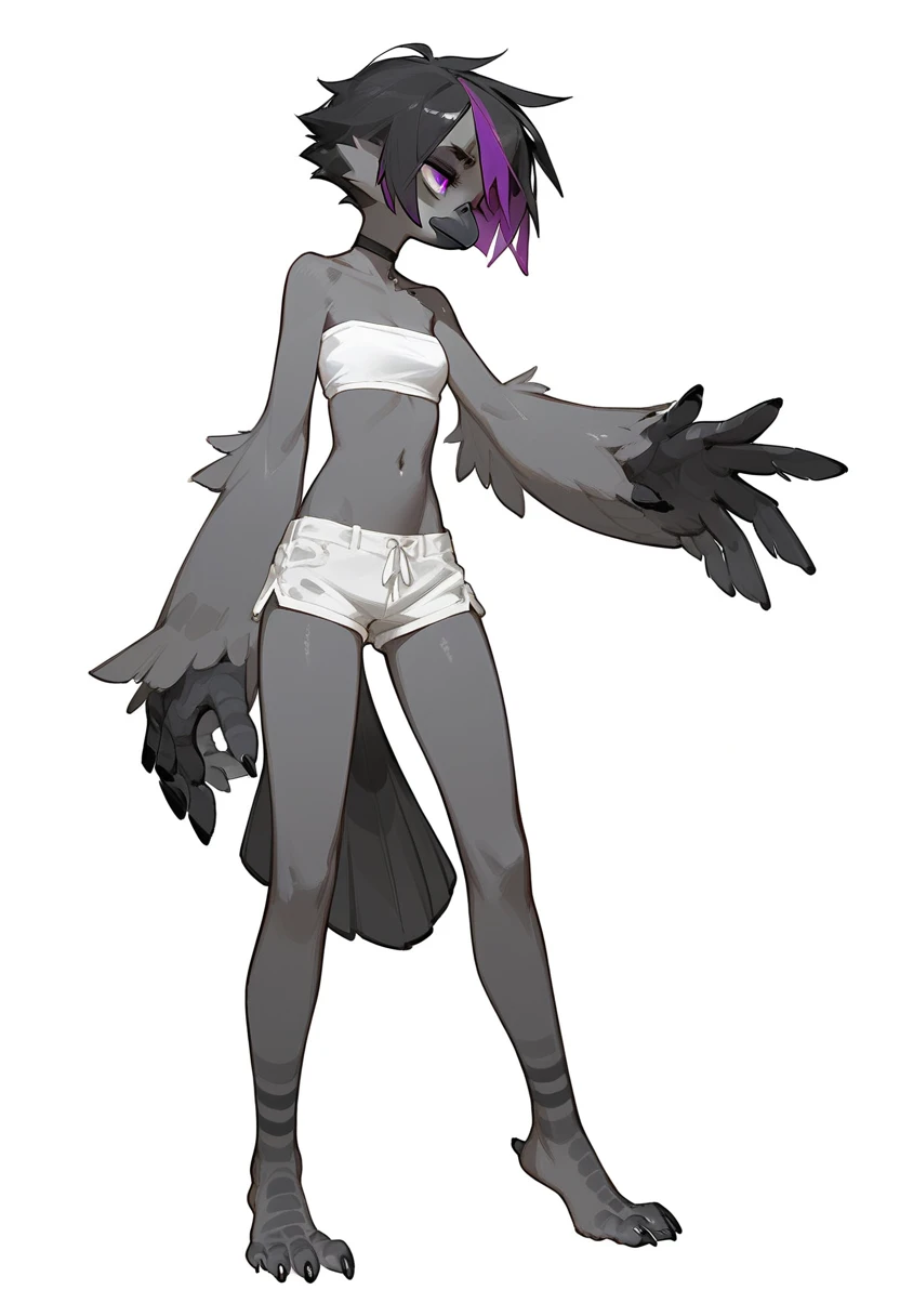 Score_9, score_8_up, score_7_up, flat colors,  an Anthro avian crow girl, female, small grey beak, tall and slender, small crow tail, grey body, standing, white background, purple eyes, short black emo hair, hands with five fingers, wearing white bandeau, ...