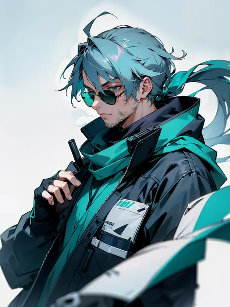 1male, adult, grey eyes, sunglasses, teal hair, messy hair, pony tail, long hair, scarf, headphones, techwear, snow, serious, stubble, lean build