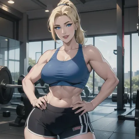 1girl, solo, straight hair, long hair, blonde hair, blonde hair, blue eyes, high ponytail, mature female, milf, motherly, lips, muscular, sports bra, gym shorts, holding dumbbell, gym, smile, hand on hip, looking at viewer