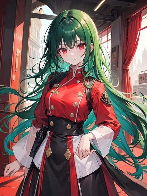 woman, red eyes, long curry wauy half black and green hair. wear uniform, arrogant, independent woman. background in town. kind smile.