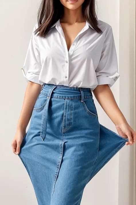 Woman wearing a shirt that splits in half dish to the waist