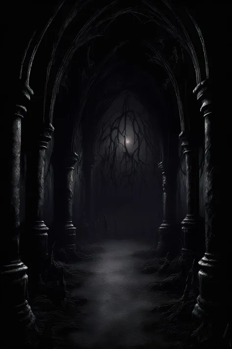 dark fantasy - gothic scene with pure black background with a little horror atmosphere black shadows