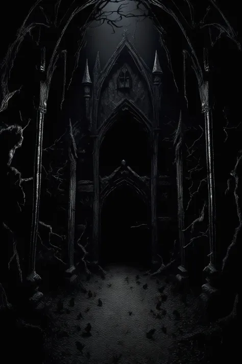 dark fantasy - gothic scene with pure black background with a little horror atmosphere black shadows