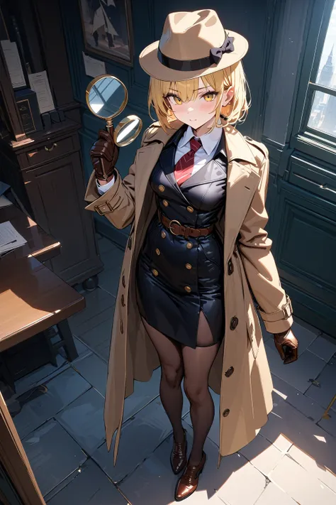 (masterpiece, best quality:1.5), (ultra detailed, high resolution, 8k, beautiful detailed, UHD, best anatomy), blonde hair, flat breasts, 1 sleuth, Trench coat, Fedora hat, business suit, Leather gloves, Leather shoes, Magnifying glass, detective industry