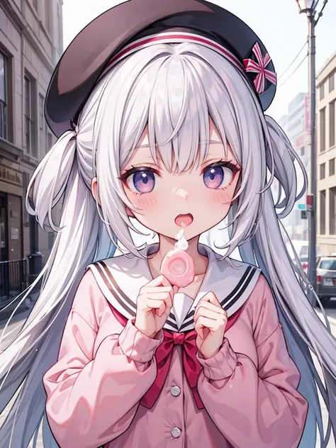 A girl, white hair, wearing pink beret, sailor pink uniform, pink cardigan, detailed beret, eating bubble gum. 