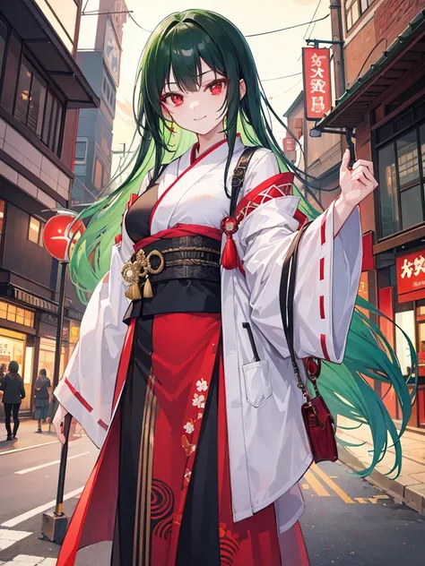 woman, red eyes, long curry wauy half black and green hair. wear japanese , arrogant, independent woman. background in town. kind smile.