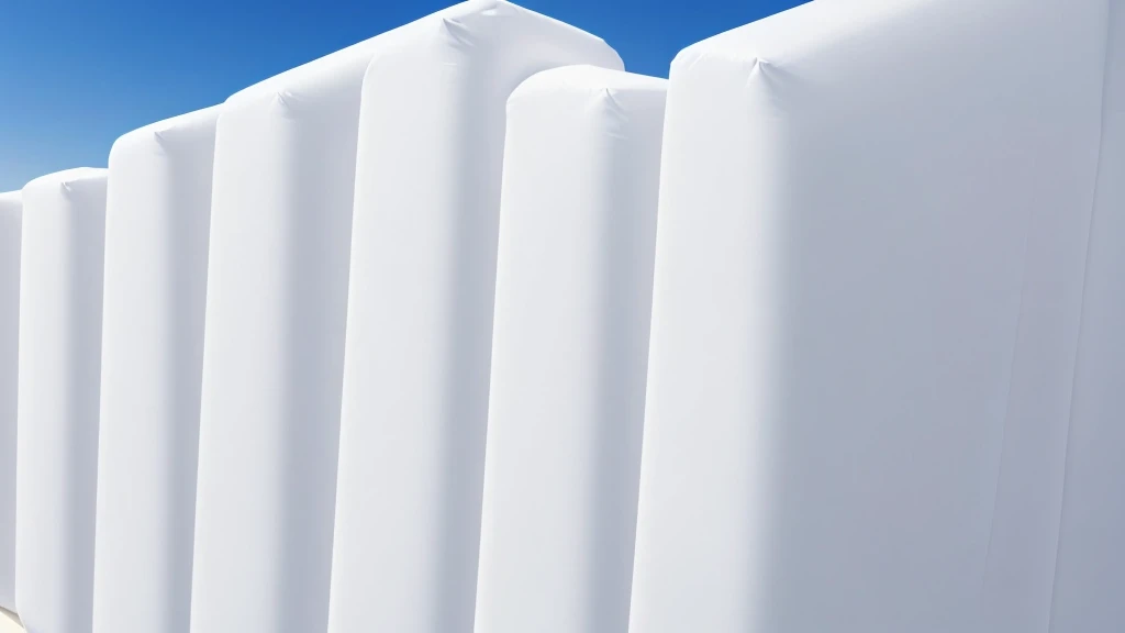 A wall composed of inflatable blocks，Realistic of a inflatable installation in the shape, white inflatable plastic film material, wrapped in a white polyester sheet. close-up，Front view，minimalist, most best quality,32K Ultra HD, super detail, best quality...