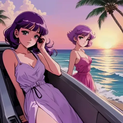 anime cute girl sun bathing with long dress, purple car with palm trees and ocean with beautiful sunset in background , lofi girl, art deco outrun anime aesthestic, lofi artstyle, lofi girl aesthetic, lofi aesthetic, 8 0s anime vibe, lofi art, anime vibes,...