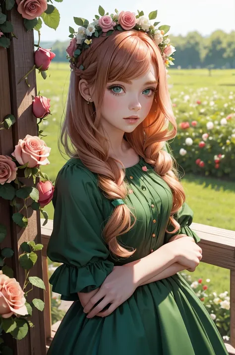 beautiful, adult, strawberry blonde, side part hairstyle, dark green eyes, flower crown, pink roses, dress, fantasy