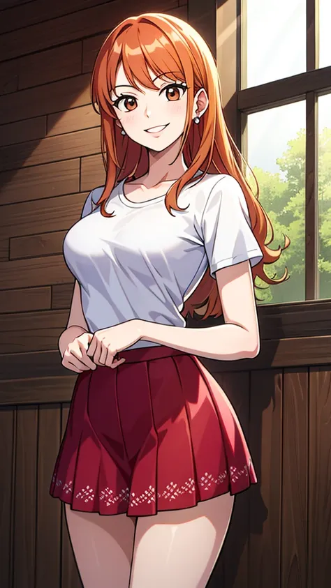 masterpiece, ((ultra detailed background, delicate pattern, intricate detail)), (highly detailed, fine details), best quality, beautiful lighting, ((medium breasts, slim girl)), NamiFinal, ((white shirt, red skirt)), simple shirt, 1girl, orange hair, solo,...