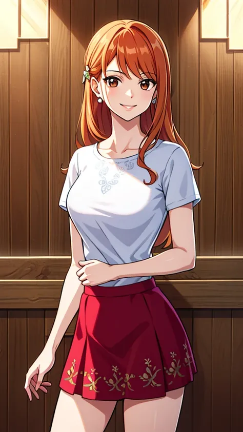 masterpiece, ((ultra detailed background, delicate pattern, intricate detail)), (highly detailed, fine details), best quality, beautiful lighting, ((medium breasts, slim girl)), NamiFinal, ((white shirt, red skirt)), simple shirt, 1girl, orange hair, solo,...