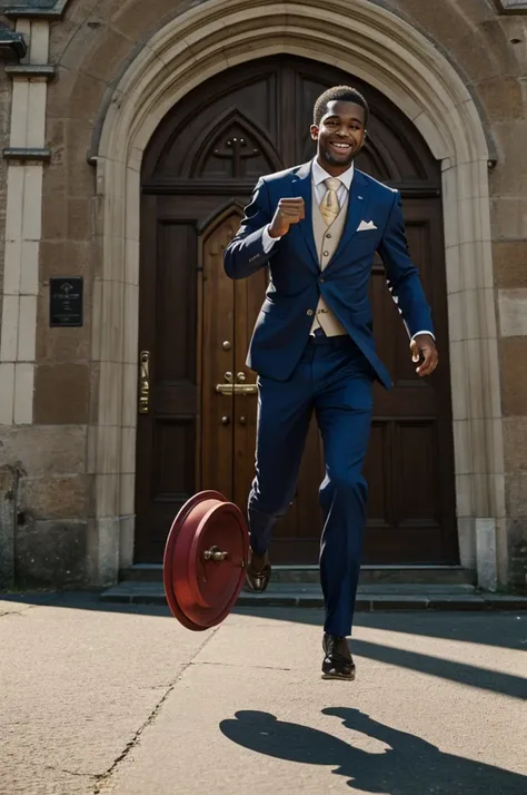 A man bell ringer running towards the church