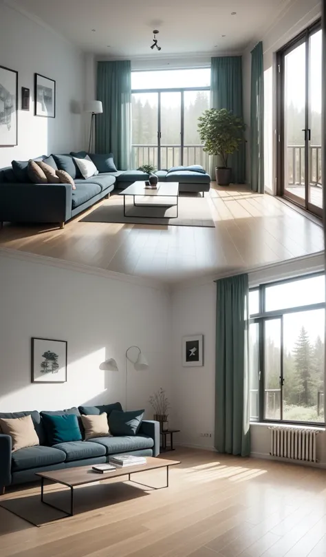 A minimalist interior design of a modern living room with Scandinavian furniture and large windows overlooking a forest.