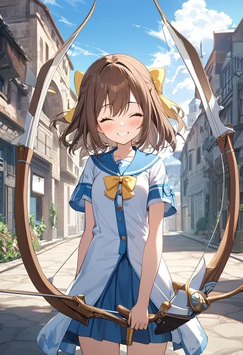 1 girl, alone, broad, blush, smile, brown hair, bow, two tails, closed eyes, weapon, short sleeves, hair bow, sky, day, blue sky...