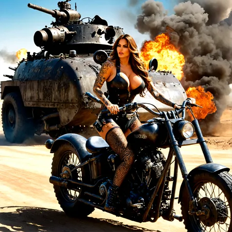 (Setting Holocaust Badlands (road warrior theme)) A bandit woman (Sofia Vergara, 25, scrap metal armor, sexy torn fishnet body stocking, tattoos) is riding a wasteland tank motorcycle (the front wheel is broad made of steel and has several spikes, big engi...