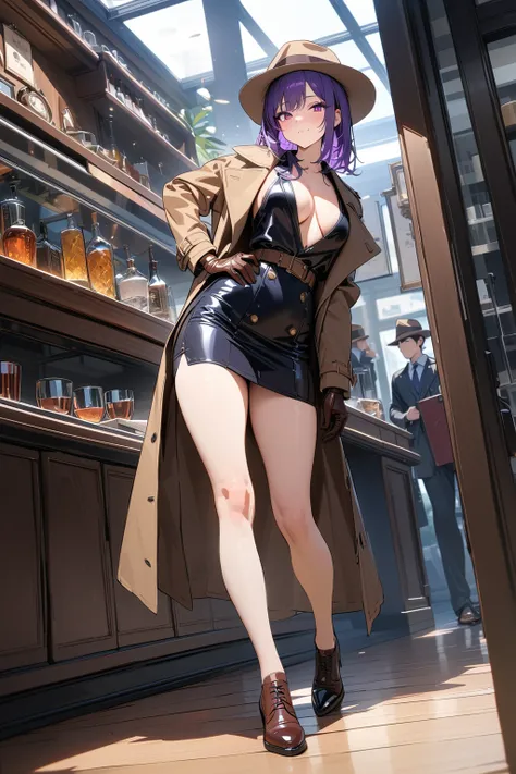 (masterpiece, best quality:1.5), (ultra detailed, high resolution, 8k, beautiful detailed, UHD, best anatomy), purple hair, flat breasts, 1 sleuth, Trench coat, Fedora hat, business suit, Leather gloves, Leather shoes, glass, detective industry