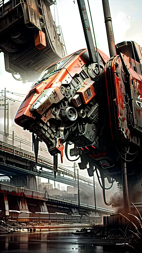 An giant robot black with red details, stay in a bridge, many abandoned cars, post apocalyptic scene. The illustration is in high definition at 4k resolution, with highly-detailed  features and cinema-style visuals. Animation 3d style, hyper realistic, 60m...