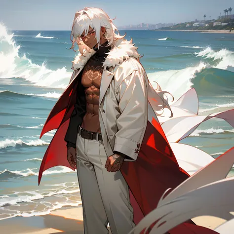 1male, young adult, dark skin, finely detailed crimson eyes, wild medium hair, seashell white hair color, long sleeve turtleneck sweater, oversized fur coat, standing on coast, day time, beach, somber expression, muscular, flowers, tattoos