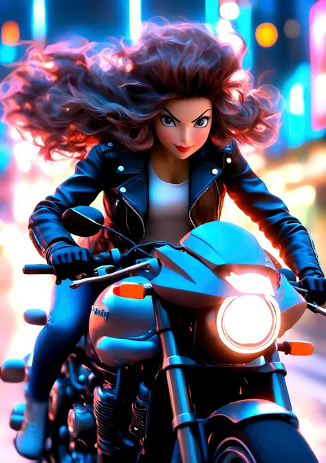 A girl riding a motorcycle with a helmet, stylish leather jacket, and tight jeans, street style, at night under neon lights, high-speed motion, strong dynamic, clear details, realistic, high quality, high resolution, artistic details, ultra-detailed, ultra...