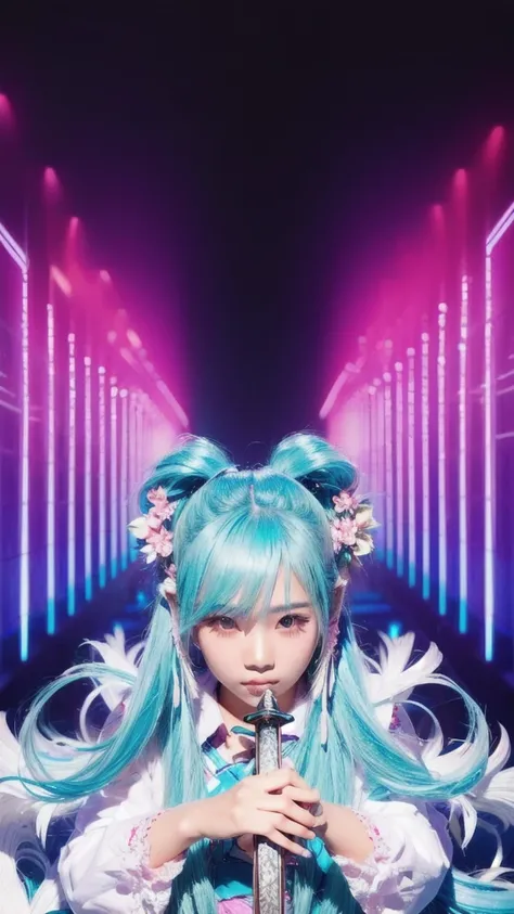 create realistic image from a close up of a 
Indonesia girl 25 years old with long hair and a sword, pink twintail hair and cyan eyes, very realistic and very detailed,