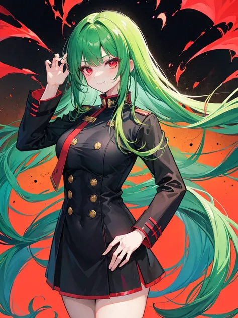 woman, red eyes, long curry wauy half black and green hair. wear gakuran, arrogant, independent woman. background in school. kind smile.